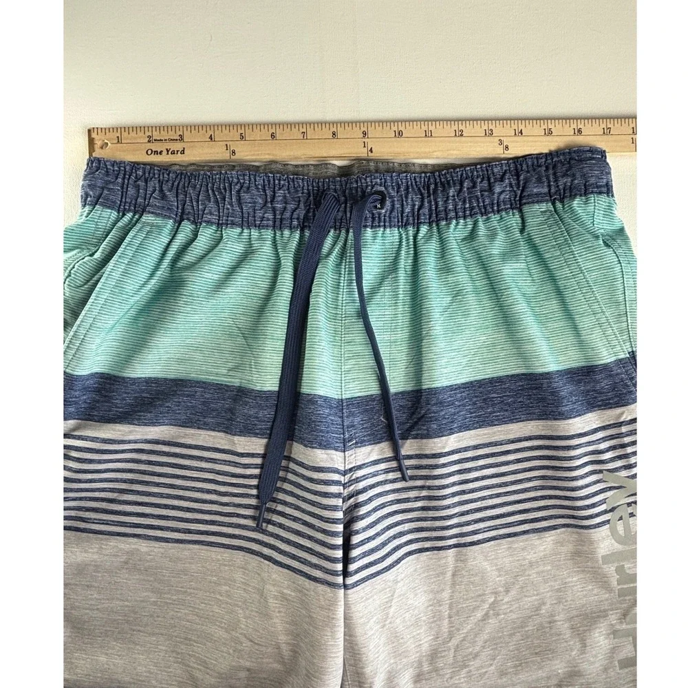 Hurley Mens‎ XL Board Shorts Striped Teal Grey Swim Trunks Mesh Liner Drawstring